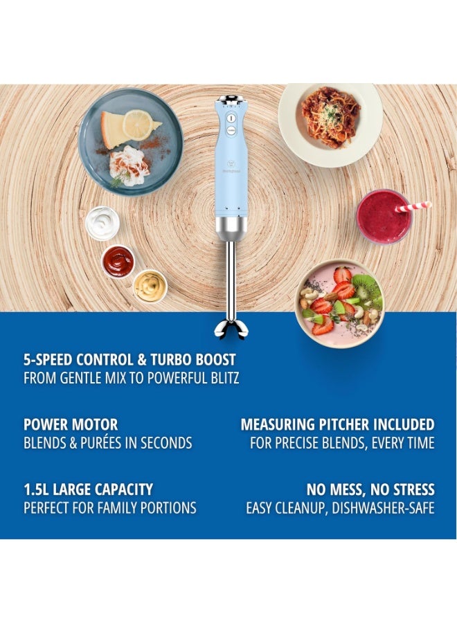 Westinghouse USA Retro Hand Blender – 600W Handheld Stick Blender, Blue | Stainless Steel Immersion Blender with 5 Speeds & Turbo | Soft Grip Handle (UAE Version) - 2 Years Warranty - Image 4