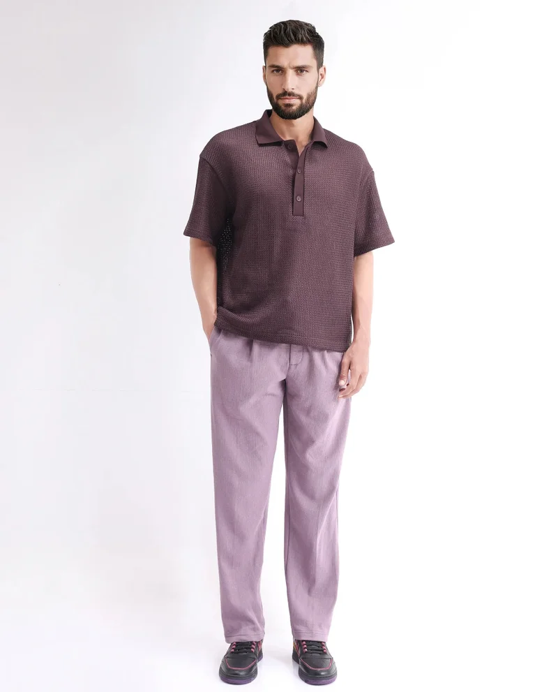 Rare Rabbit Rare Rabbit Men's Lbiza Maroon Cotton Fabric Short Sleeve Collared Neck Button Closure Knitted Shirt
