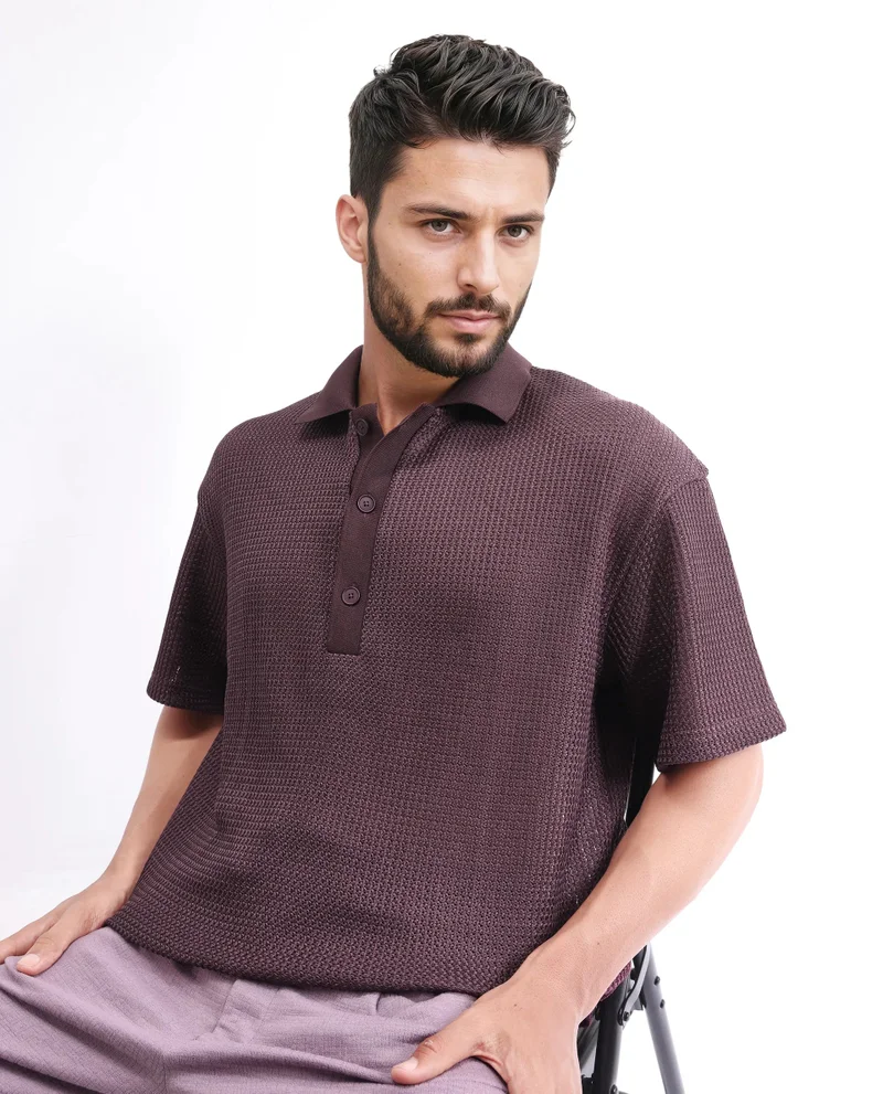 Rare Rabbit Rare Rabbit Men's Lbiza Maroon Cotton Fabric Short Sleeve Collared Neck Button Closure Knitted Shirt