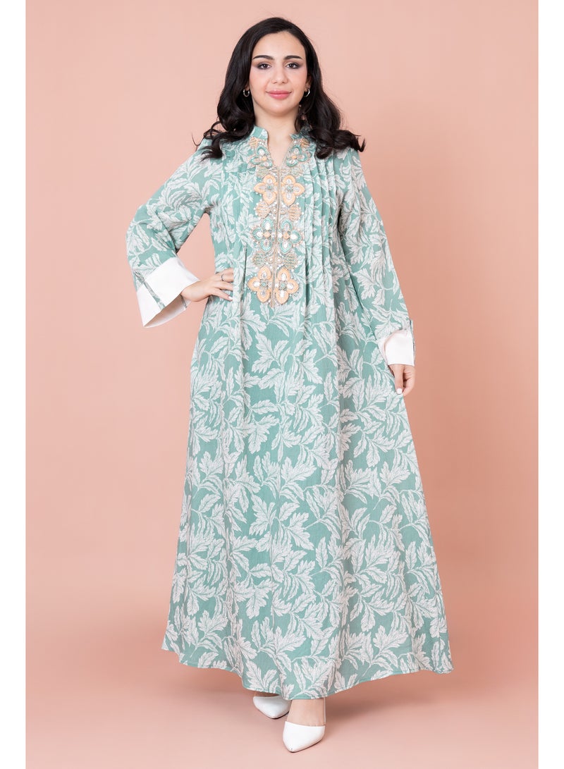 اكسا جلابية مطرزة نقوش ورق شجر - Image 1