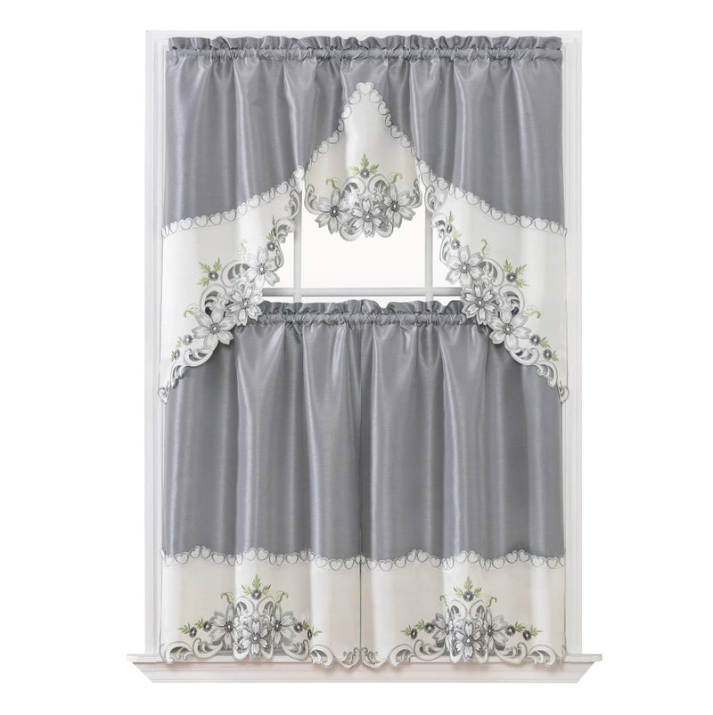 GOHD Golden Ocean Home Decor GOHD Arch Floral Kitchen Curtain SetSwag Valance  Tier Set Nice Matching Color Floral Embroidery on Border with cutworks Silver Grey