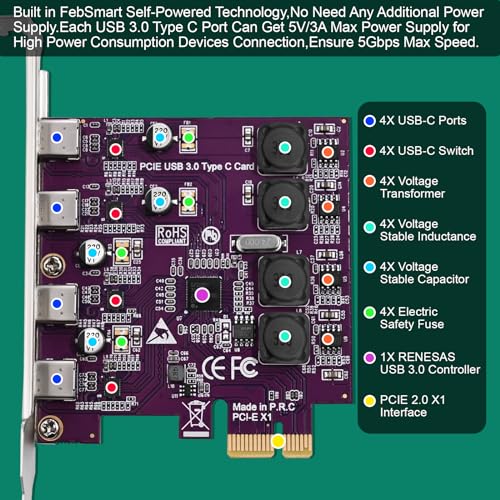 FebSmart 4X 5Gbps USB-C Ports PCI Express USB 3.0 Expansion Card for Windows 11, 10, 8.x, 7, Vista, XP Desktop PCs, Built in Self-Powered Technology, No Need Additional Power Supply (FS-U304C-Pro) - Image 3