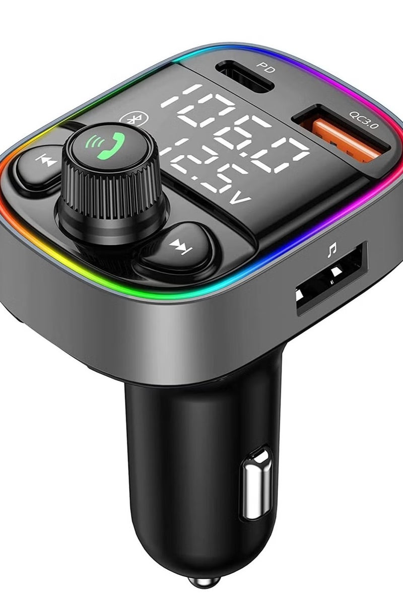 Wireless Bluetooth Car Adapter,FM Transmitter AUX Radio Receiver,Handsfree Call,QC3.0 & Type-C USB Car Charger Ports, 7 Color Backlit with 2 LED Display, TF Card & USB Music Player  - Image 1