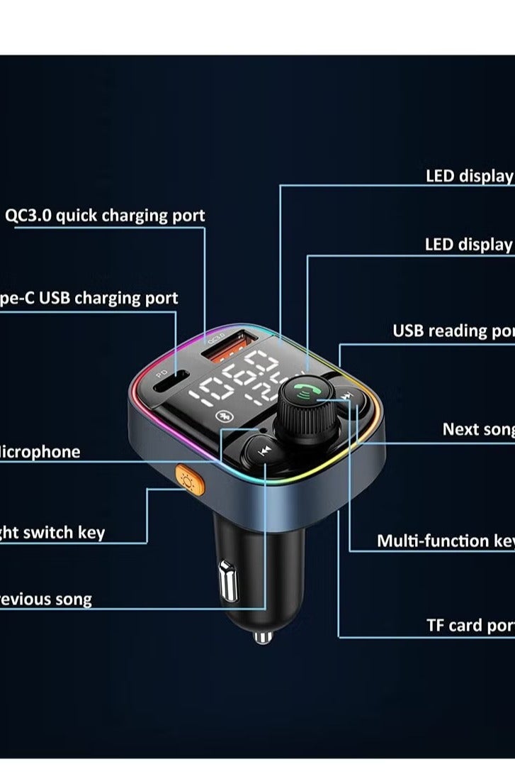 Wireless Bluetooth Car Adapter,FM Transmitter AUX Radio Receiver,Handsfree Call,QC3.0 & Type-C USB Car Charger Ports, 7 Color Backlit with 2 LED Display, TF Card & USB Music Player  - Image 3