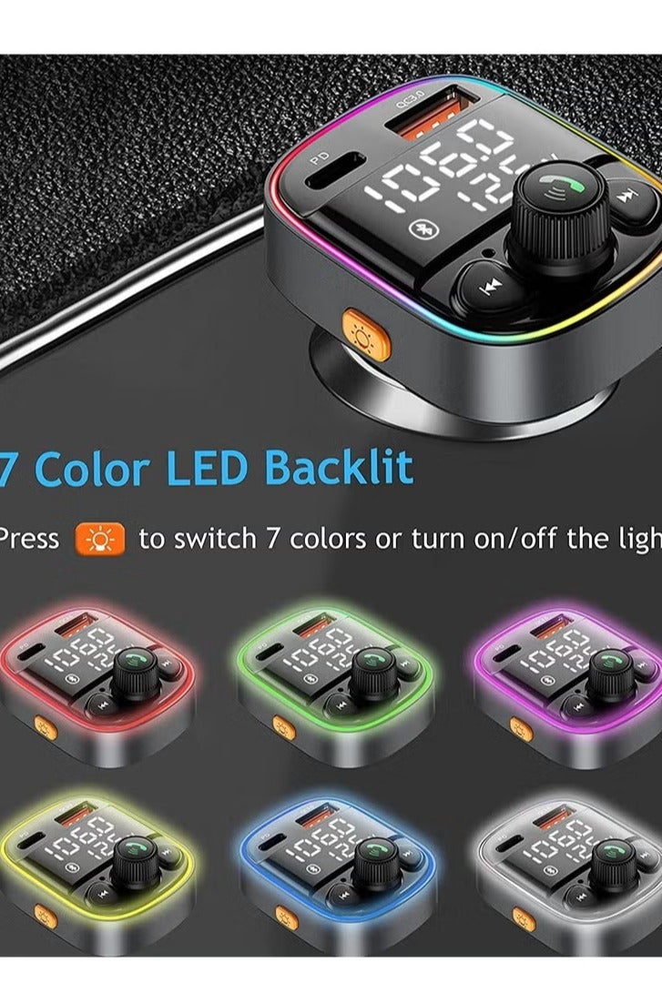 Wireless Bluetooth Car Adapter,FM Transmitter AUX Radio Receiver,Handsfree Call,QC3.0 & Type-C USB Car Charger Ports, 7 Color Backlit with 2 LED Display, TF Card & USB Music Player  - Image 4