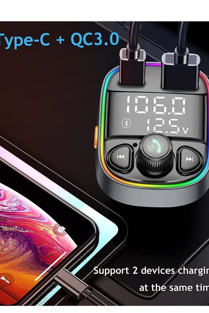 Wireless Bluetooth Car Adapter,FM Transmitter AUX Radio Receiver,Handsfree Call,QC3.0 & Type-C USB Car Charger Ports, 7 Color Backlit with 2 LED Display, TF Card & USB Music Player  - Image 5