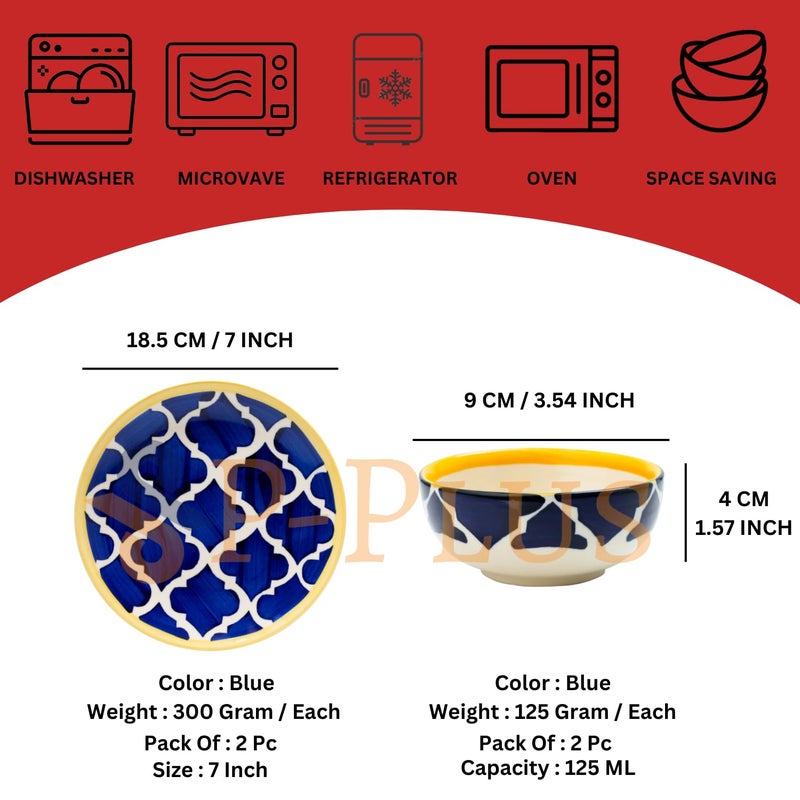 P Plus Fire Ceramic Dinnerware Sets, Microwave & Dishware Safe, Hand Painted Set of 2 Dinner Plates (7 Inch) with Set of 2 Bowls (125 Ml 9 Cm) Set, Perfect for Housewarming, Thanksgiving (Blue) - Image 2