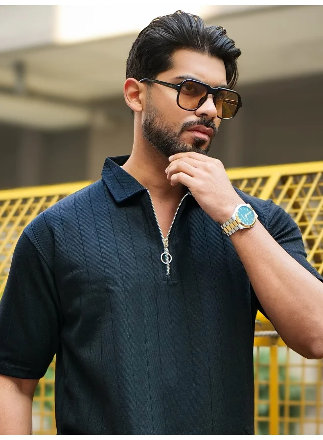 مانياك تيشيرت قطن رجالي برقبة بولو بأكمام ثلاثة أرباع وسحاب نصفي أسود