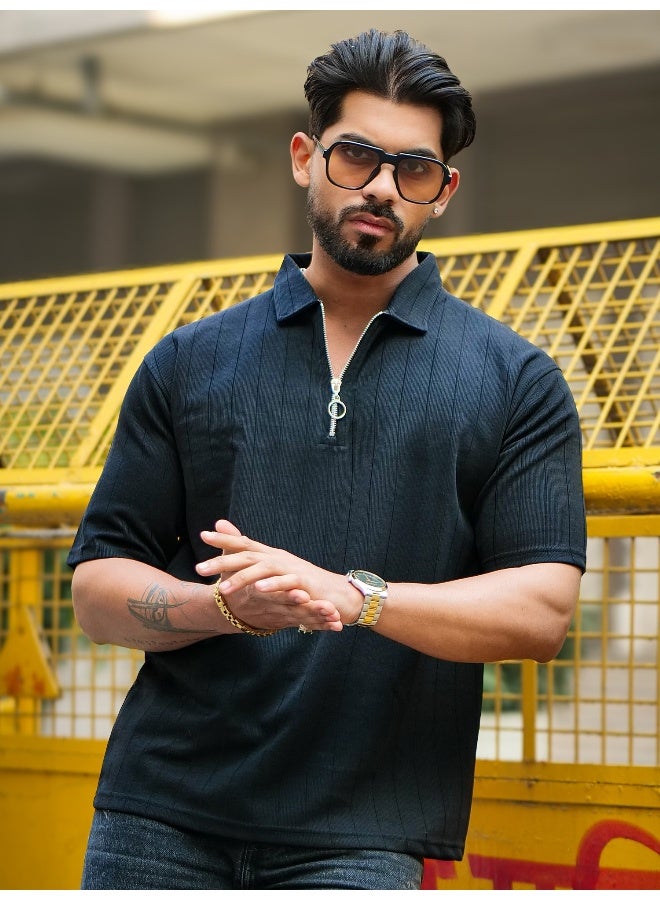 Maniac Maniac Mens Textured Polo Neck 3/4th Sleeve Half Zipper Black Cotton T-Shirt  - Image 2