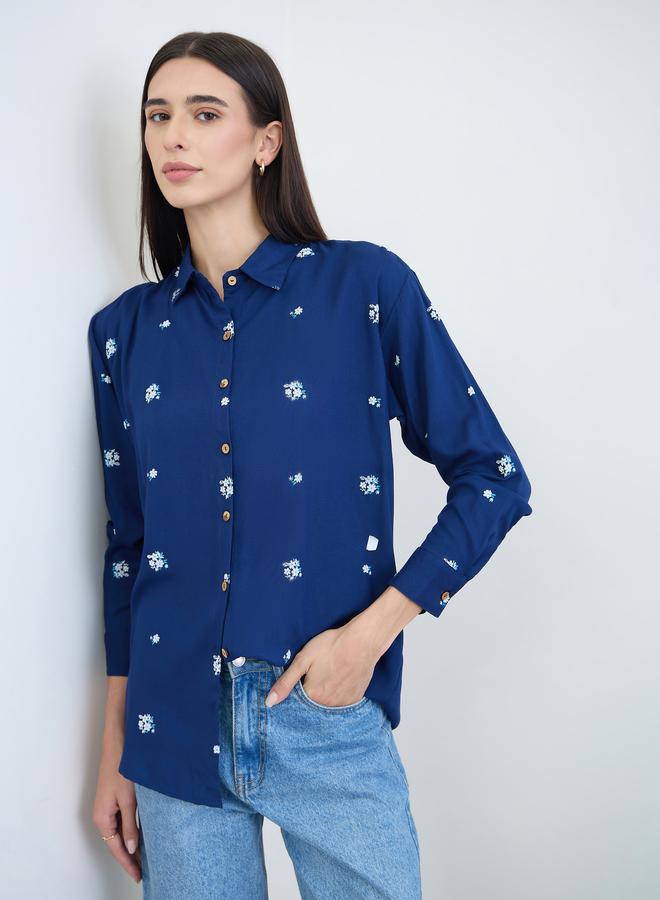 Styli Navy Blue Embroidered Spread Collar Shirt - Image 1