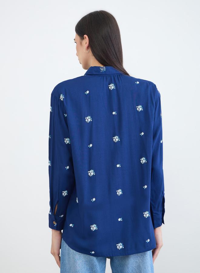 Styli Navy Blue Embroidered Spread Collar Shirt - Image 4
