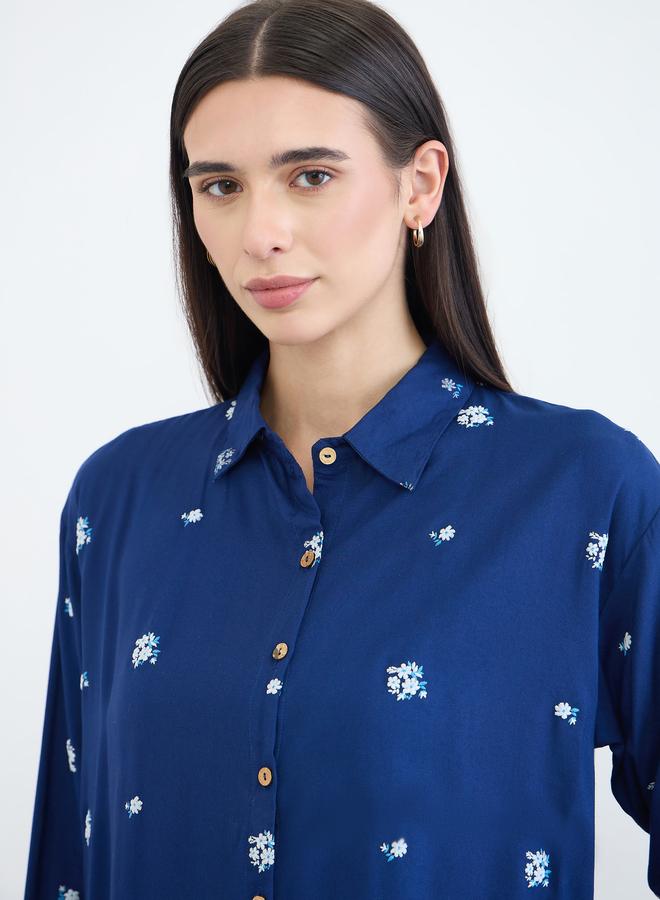 Styli Navy Blue Embroidered Spread Collar Shirt - Image 3