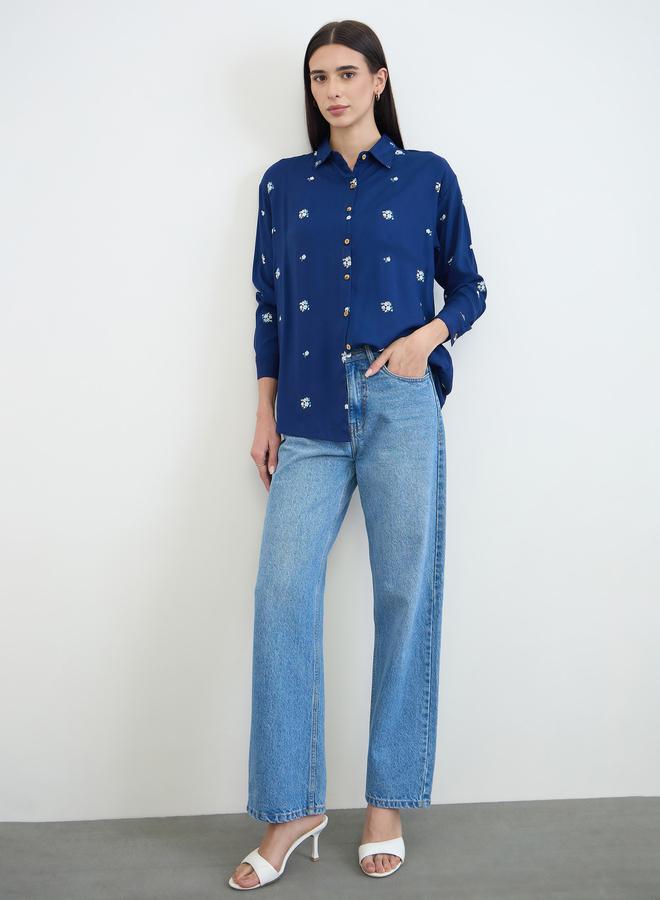 Styli Navy Blue Embroidered Spread Collar Shirt - Image 2