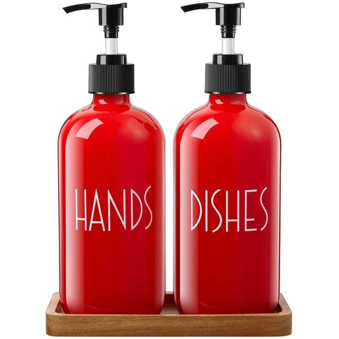 DISH SOAP DISPENSER FOR KITCHEN 16 OZ GLASS HAND SOAP DISPENSER SET WITH ACACIA WOOD TRAY RED KITCHEN BATHROOM DECOR AND ACCESSORIES