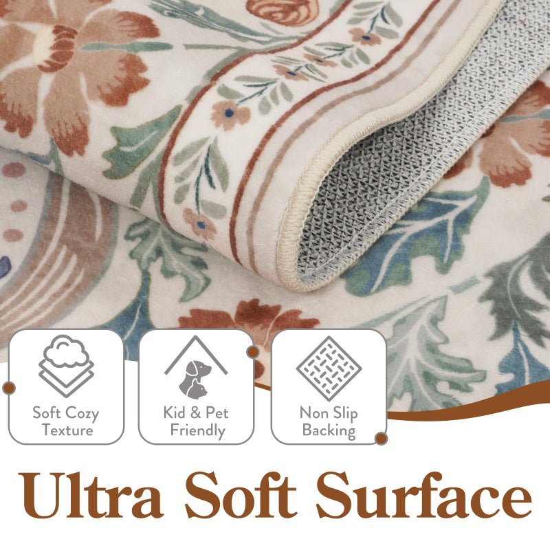 Moynesa Floral 5x7 Area Rugs, Machine Washable Rugs for Bedroom, Non Slip Boho Rugs for Living Room, Large Flower Stain Resistant Floor Carpet for Dining Room Home Office, Beige - Image 3