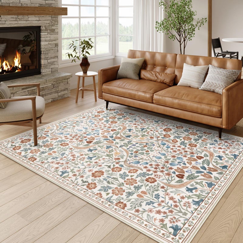 Moynesa Floral 5x7 Area Rugs, Machine Washable Rugs for Bedroom, Non Slip Boho Rugs for Living Room, Large Flower Stain Resistant Floor Carpet for Dining Room Home Office, Beige - Image 1