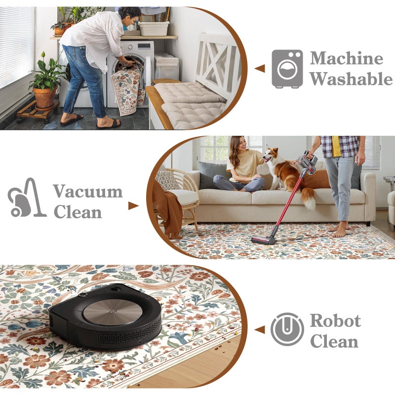 Moynesa Floral 5x7 Area Rugs, Machine Washable Rugs for Bedroom, Non Slip Boho Rugs for Living Room, Large Flower Stain Resistant Floor Carpet for Dining Room Home Office, Beige - Image 4