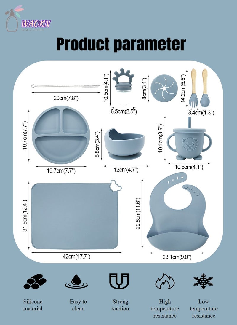 WAOKN - 10 Pcs Baby Silicone Tableware Set Special For Infants To Eat Their Own Training Tableware Set Including Complementary Food Bowl Sippy Cup Dinner Plate Bib Fork And Spoon(Grayish blue) - Image 1