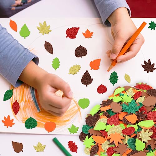 JULBEAR Fall Leaf Foam Sticker, 300Pcs Autumn Glitter Maple Leaves Thanksgiving Party Favors DIY Crafts Decorations - Image 4