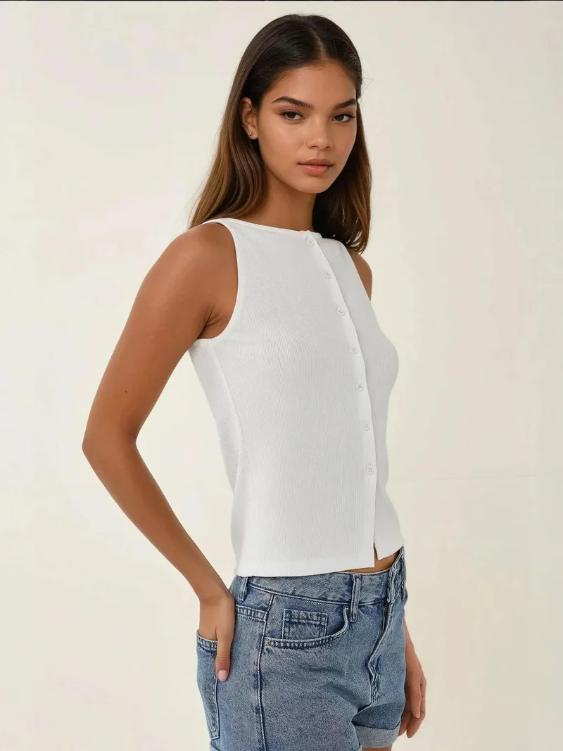 HICCUP Fitted Crew Neck Knitted Top with Buttons