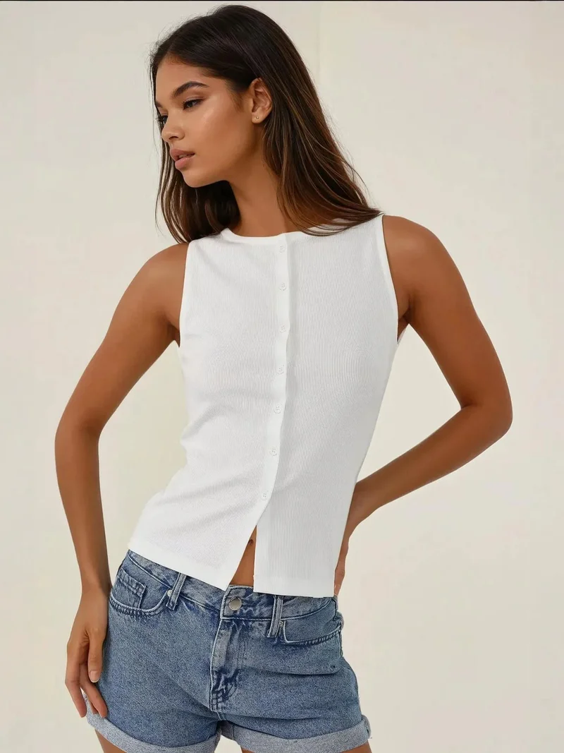 HICCUP Fitted Crew Neck Knitted Top with Buttons