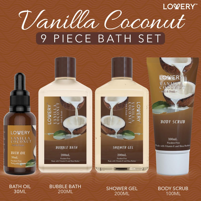 LOVERY Bath and Body Gift Basket For Women and Men – 9 Piece Set of Vanilla Coconut Home Spa Set, Includes Fragrant Lotions, Extra Large Bath Bombs, Coconut Oil, Luxurious Bath Towel & More - Image 2