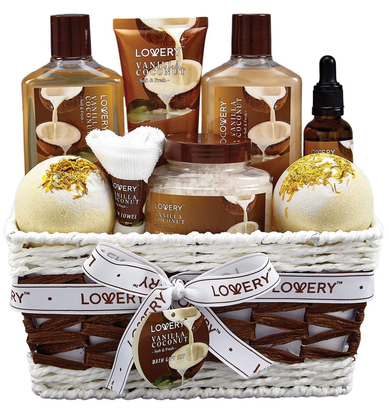 LOVERY Bath and Body Gift Basket For Women and Men – 9 Piece Set of Vanilla Coconut Home Spa Set, Includes Fragrant Lotions, Extra Large Bath Bombs, Coconut Oil, Luxurious Bath Towel & More - Image 1