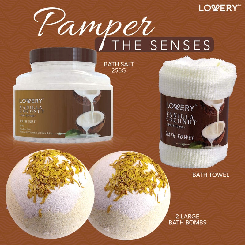 LOVERY Bath and Body Gift Basket For Women and Men – 9 Piece Set of Vanilla Coconut Home Spa Set, Includes Fragrant Lotions, Extra Large Bath Bombs, Coconut Oil, Luxurious Bath Towel & More - Image 3