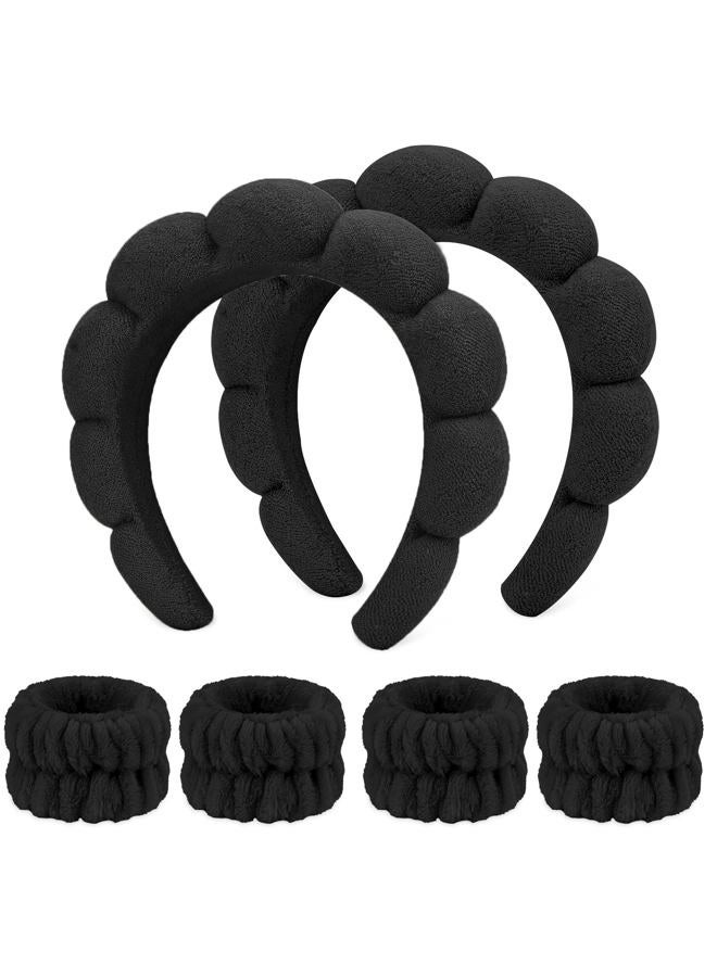 Whavel 6PCS Spa Headband and Wristband Set, Makeup Headband Puffy Skincare Headband Face Wash Headband for Washing Face Preppy Stuff (Black) - Image 1