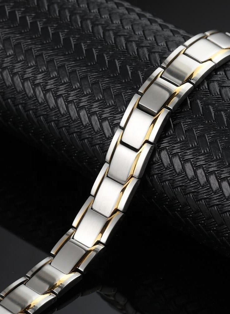 Premium Stainless Steel Bracelet with Gold Accent Stripes - Adjustable Size  - Image 2
