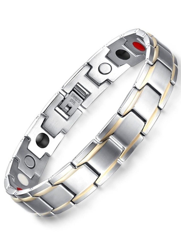 Premium Stainless Steel Bracelet with Gold Accent Stripes - Adjustable Size  - Image 1