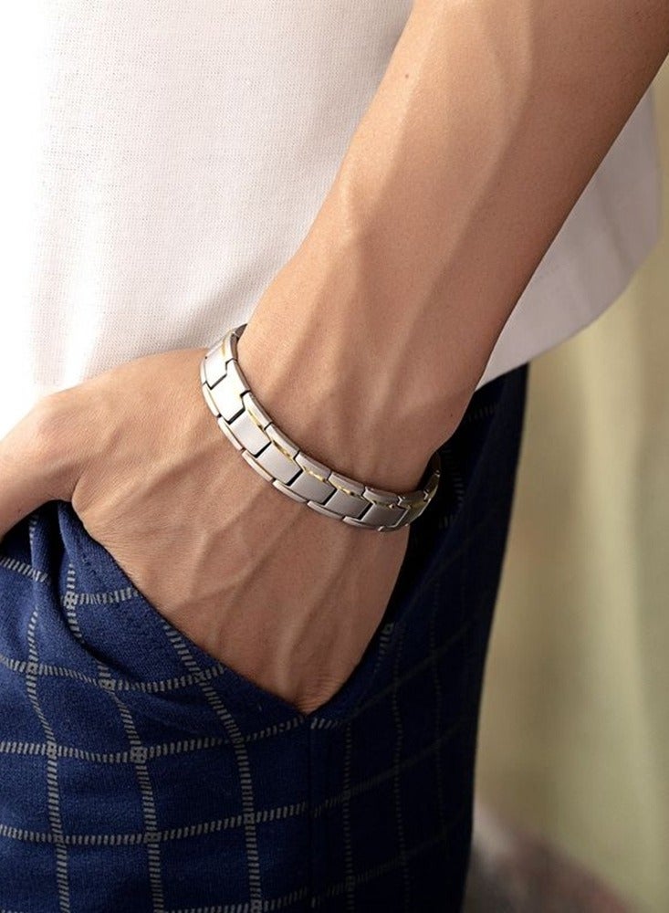 Premium Stainless Steel Bracelet with Gold Accent Stripes - Adjustable Size  - Image 4