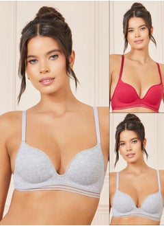 Pack of 2 - Cotton Padded Non Wired Burnout Elastic Trim Ribbed Plunge Bra