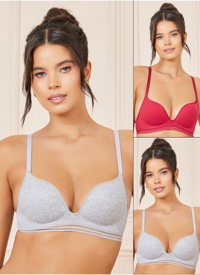 Styli - Pack of 2 - Cotton Padded Non Wired Burnout Elastic Trim Ribbed Plunge Bra - Image 1