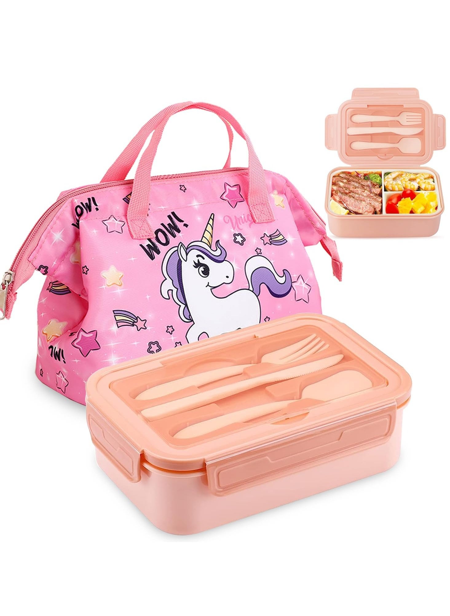 Lunch Box for Kids School, 5 in 1 Bento lunch Box with Insulated lunch Bag and Utensil Set 1400ml Leak-proof Lunch Box For Kids&Adults (Pink) 