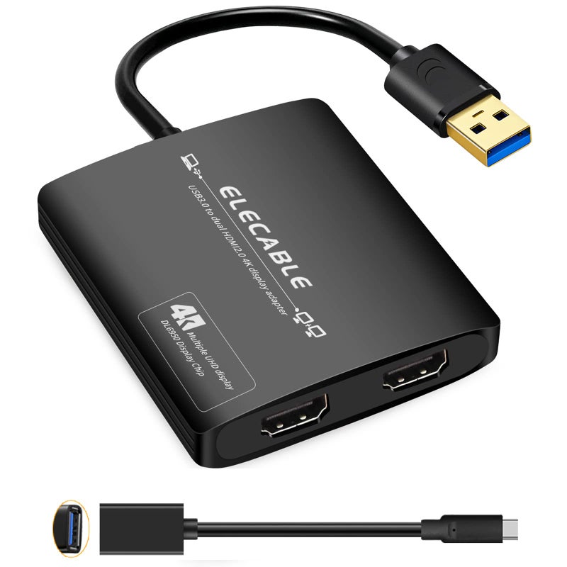 ELECABLE USB 3.0 to Dual HDMI Adapter - 4K+4K 60Hz Ultra HD - Built-in DisplayLink DL6950 Chip - Extend Screen to Multiple Monitor TV Compatible with Windows,Mac OS,Android,Chrome OS,Ubuntu - Image 1