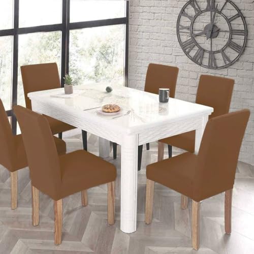 BRIDA® Stretchable Solid Plain Dining Chair Covers Elastic Chair Seat Case Protector, Slipcovers (6 Chair Cover, Dark Camel), Polyester; Polyester Blend - Image 5