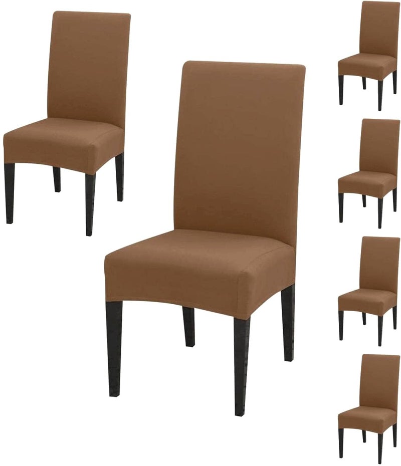 BRIDA® Stretchable Solid Plain Dining Chair Covers Elastic Chair Seat Case Protector, Slipcovers (6 Chair Cover, Dark Camel), Polyester; Polyester Blend - Image 1