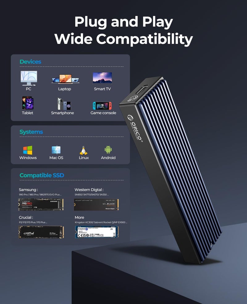 Orico حافظة ORICO M.2 NVMe SATA SSD، USB 3.1 Gen 2 (10 جيجابت في الثانية) إلى حافظة SSD PCI-E تدعم UASP لحجم 2230/2242/2260/2280 (M.2 NVMe/SATA) - Image 5