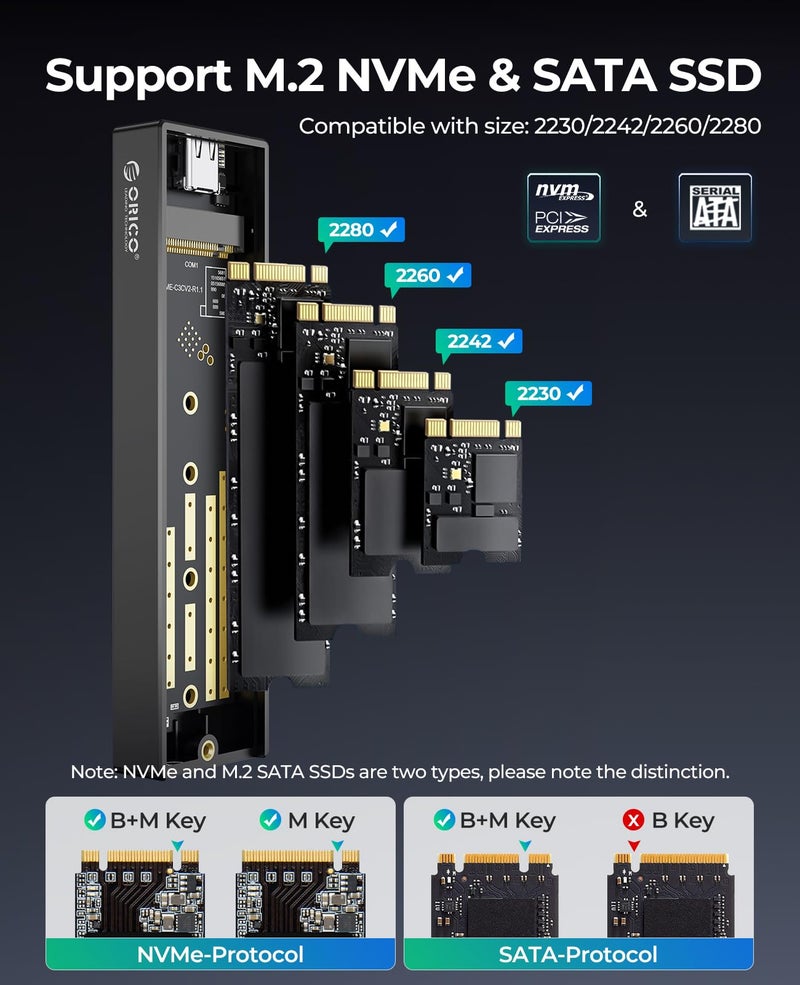 Orico حافظة ORICO M.2 NVMe SATA SSD، USB 3.1 Gen 2 (10 جيجابت في الثانية) إلى حافظة SSD PCI-E تدعم UASP لحجم 2230/2242/2260/2280 (M.2 NVMe/SATA) - Image 4
