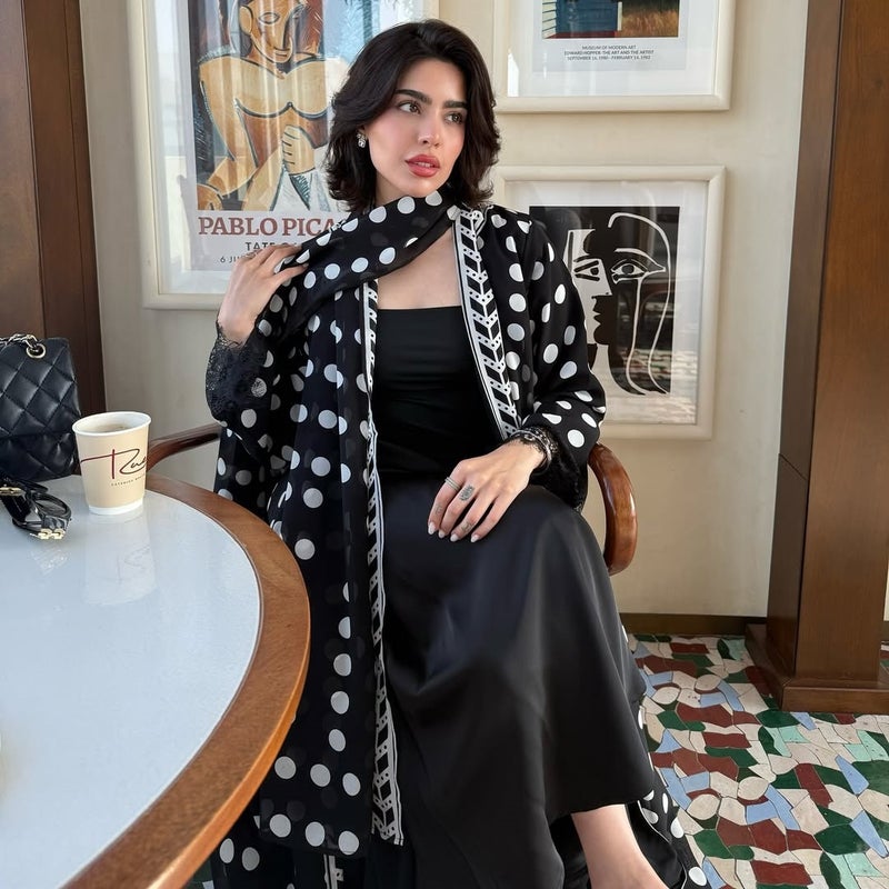 Chiffon Polka Dot Long Sleeve Maxi Set with Hijab and Lace Trim - Image 4