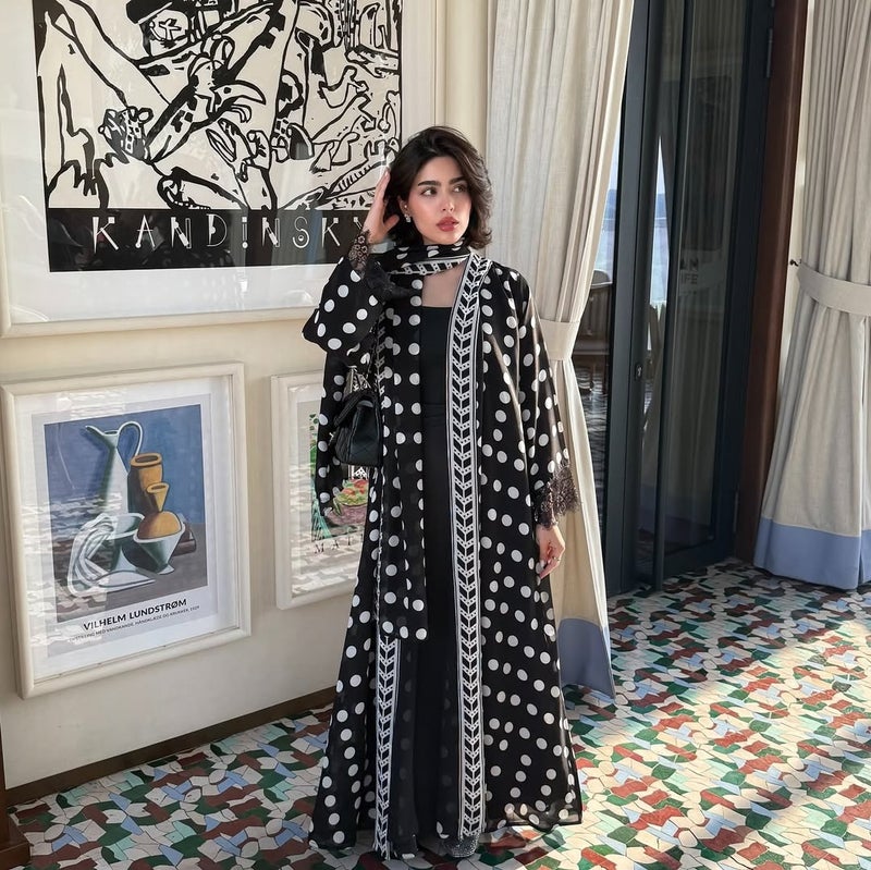 Chiffon Polka Dot Long Sleeve Maxi Set with Hijab and Lace Trim - Image 5