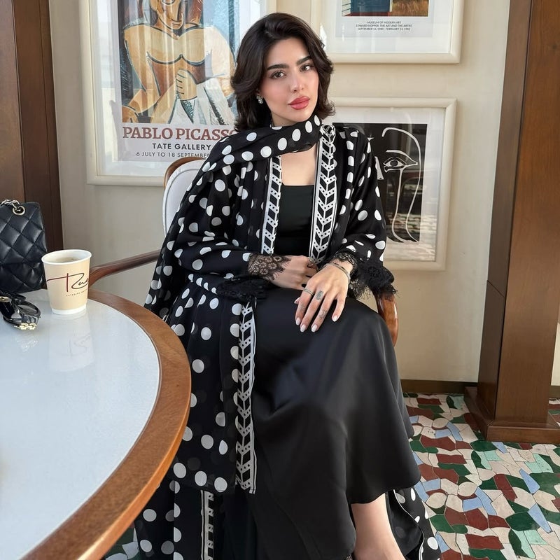 Chiffon Polka Dot Long Sleeve Maxi Set with Hijab and Lace Trim - Image 3