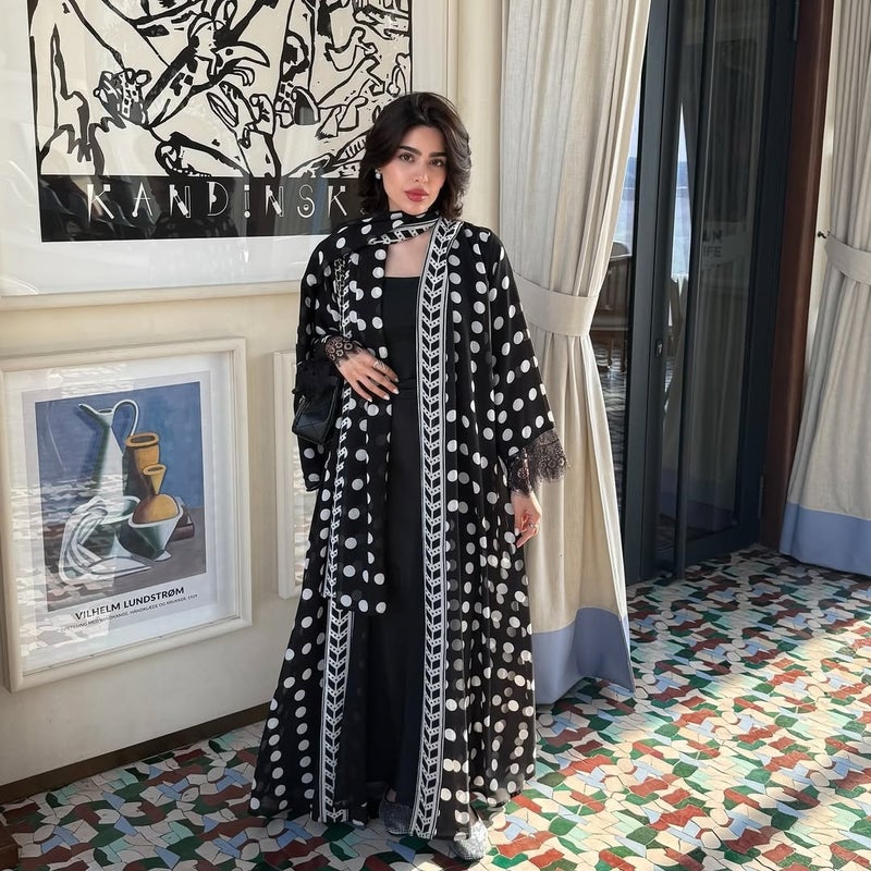 Chiffon Polka Dot Long Sleeve Maxi Set with Hijab and Lace Trim - Image 2
