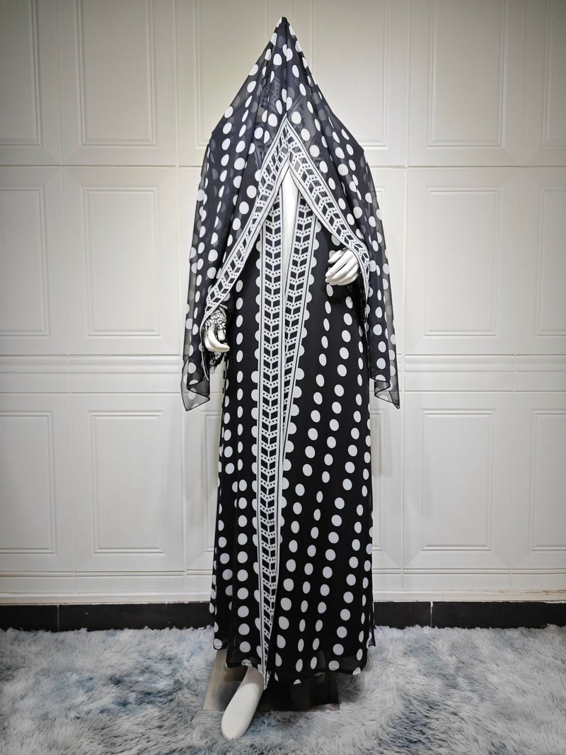 Chiffon Polka Dot Long Sleeve Maxi Set with Hijab and Lace Trim - Image 1