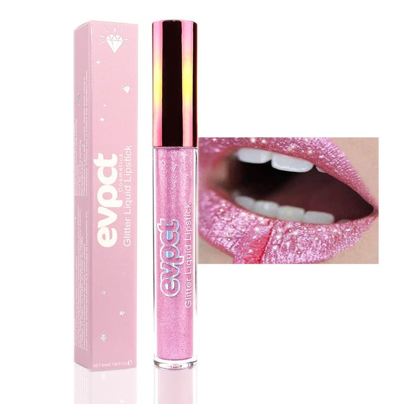 evpct 1Pcs Pink Glitter Metallic Shimmer Diamond Lipstick Lip Gloss for Women Long Lasting Waterproof Light Bright Rose Pink Sparkle Glitter Matte Liquid Lipstick Lip Makeup Kit 09
