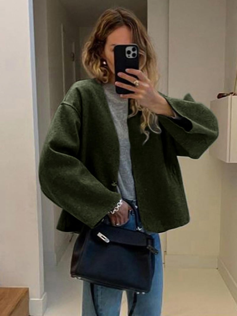 HOTIAN Women Cropped Wool Blend Coats Long Sleeve Coat Jacket Peacoat Fall Winter Outwear Overcoat(ArmyGreen,XS) - Image 4