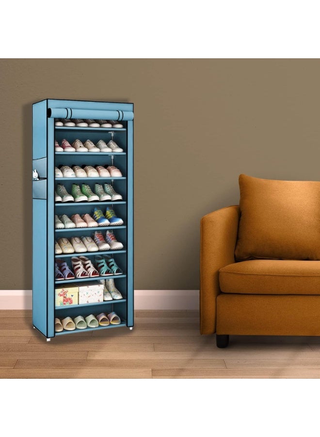 RollsTimi  9-Tier Shoe Organizer With Dustproof Canvas Cover 45-Pair Capacity - Blue - Image 2