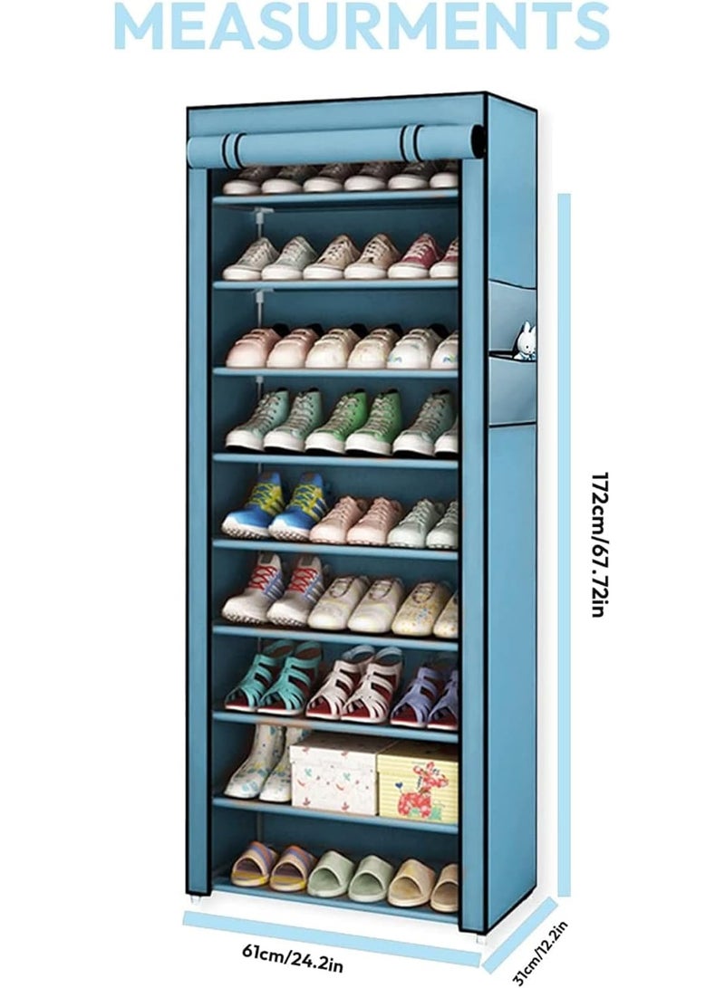 RollsTimi  9-Tier Shoe Organizer With Dustproof Canvas Cover 45-Pair Capacity - Blue - Image 3