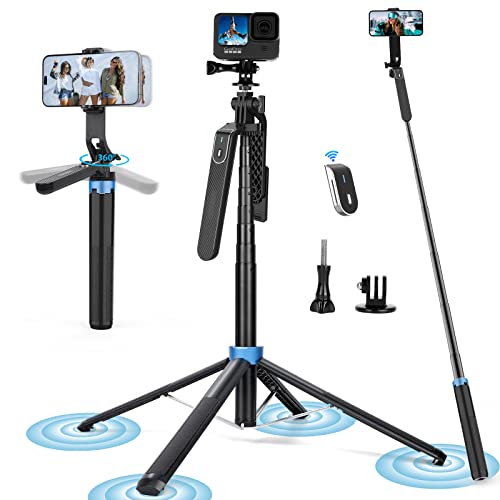 Eocean Gopro Tripod Selfie Stick Tripod with Remote, 4-Legs, 360° Ballhead, Aluminum 71" Extendable Cell Phone Tripod Stand Compatible with iPhone/Android - Image 1